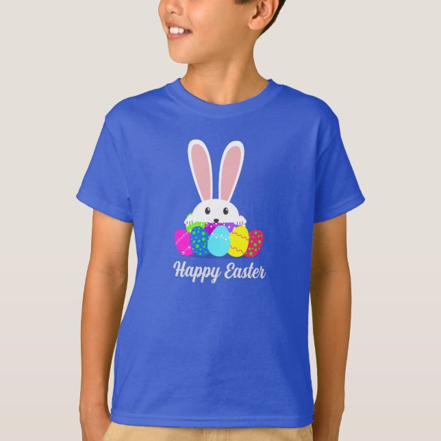 Modern Happy Easter Bunny Rabbit Eggs T Shirt (Framsida)