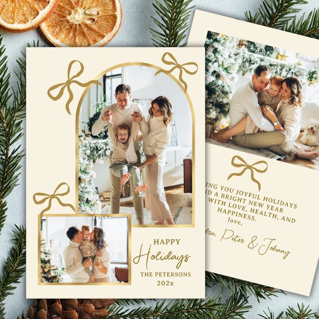 Modern Happy Holidays Bows Gold Arch 3 Photo  Julkort (Skapare uppladdad)