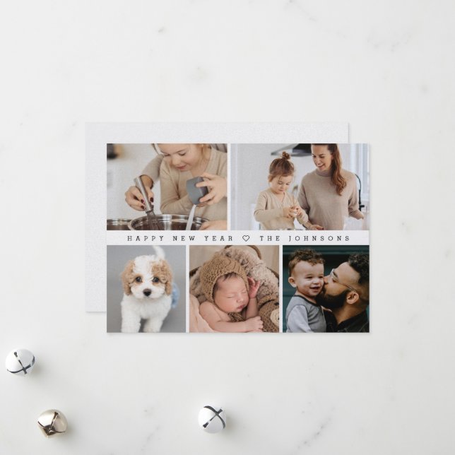 Modern Happy New Year Family Photo Grid Simple Julkort (Fram/Back In Situ)