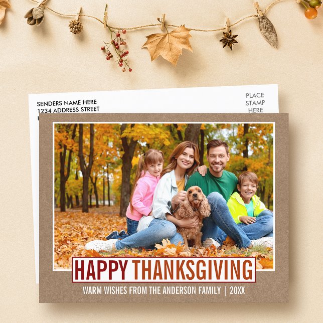 Modern Happy thanksgiving Family Photo Kraft Vykort (Customize to change your personalized text size or text style.)