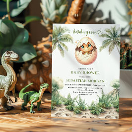Modern hatching soon dinosaur baby shower design inbjudningar