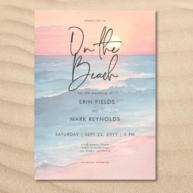 Modern havssolnedgång vattenfärg på Beach-bröllop Inbjudningar (Modern Ocean Sunset Watercolor On Beach Wedding Invitation)