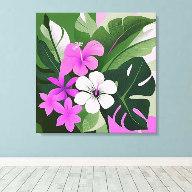 Modern hawaiian Hibiscus och Plumeria i mitten av  Canvastryck (Insitu (trägolv))