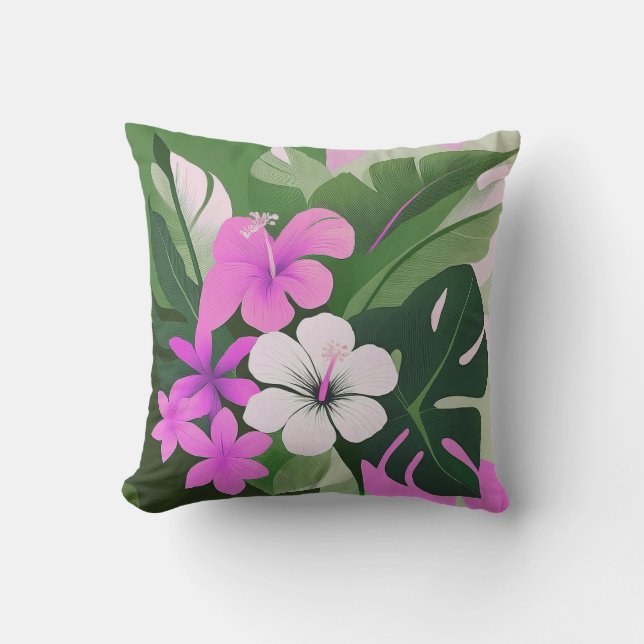Modern hawaiian Hibiscus och Plumeria i mitten av  Kudde (Framsida)