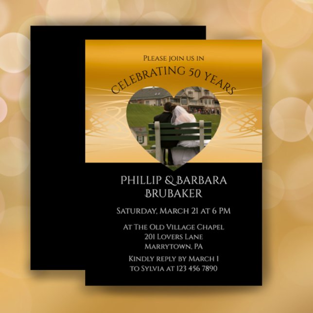 Modern Heart Photo Golden 50th Wedding Anniversary Inbjudningar (Customize this elegant 50th wedding anniversary party invitation with photo heart gold and black.
)