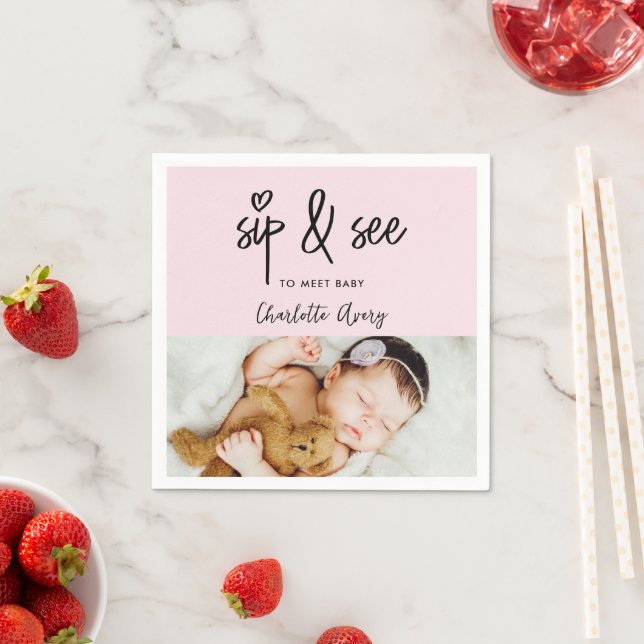 Modern heart Pink Sip & See Custom Baby Girl Photo Pappersservett (Insitu)