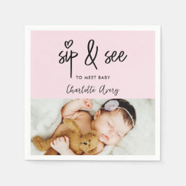 Modern heart Pink Sip & See Custom Baby Girl Photo Pappersservett