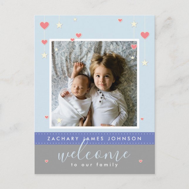 Modern Heart Star Photo Birth Notice Vykort (Framsida)