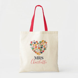 Modern Heart Teacher Typography Tote Bag Tygkasse