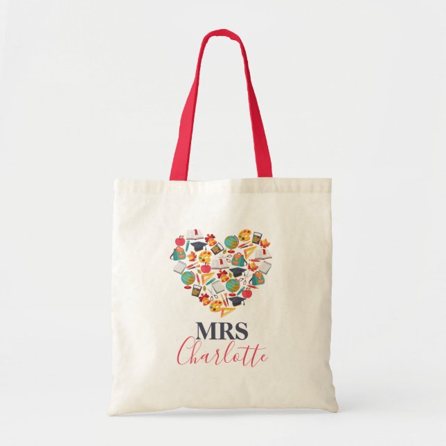 Modern Heart Teacher Typography Tote Bag Tygkasse (Framsidan)