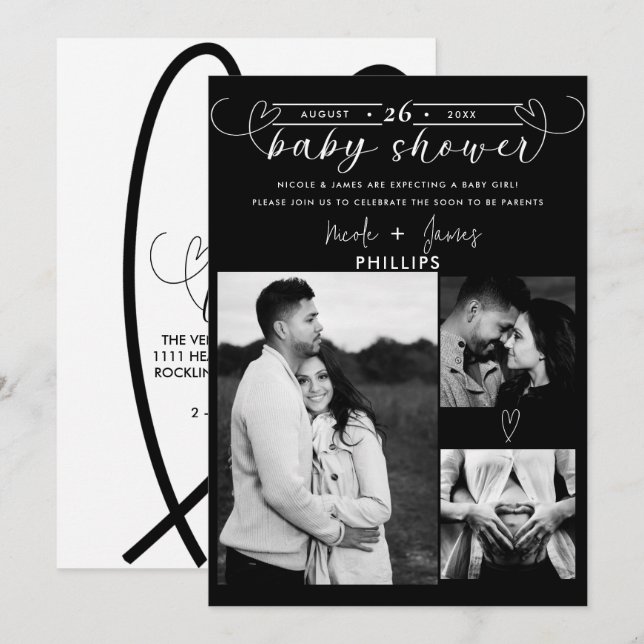 Modern Hearts Black & White Minimal Baby Shower (Fram/baksida)