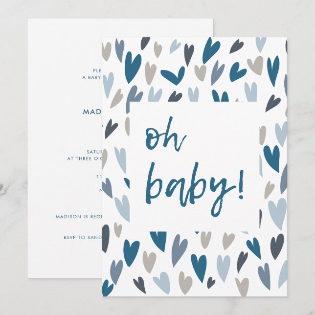 Modern Hearts Blue Boy Oh Baby Shower-inbjudan Inbjudningar (Fram/baksida)