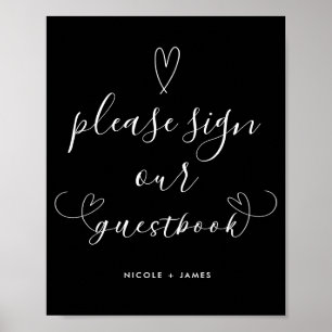 Modern Hearts Svart & Vitt Bröllop Gästbok Signera Poster