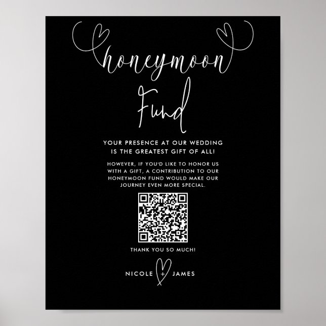 Modern Hearts Svart Vitt Bröllop Honeymoon Fond Poster (Framsidan)
