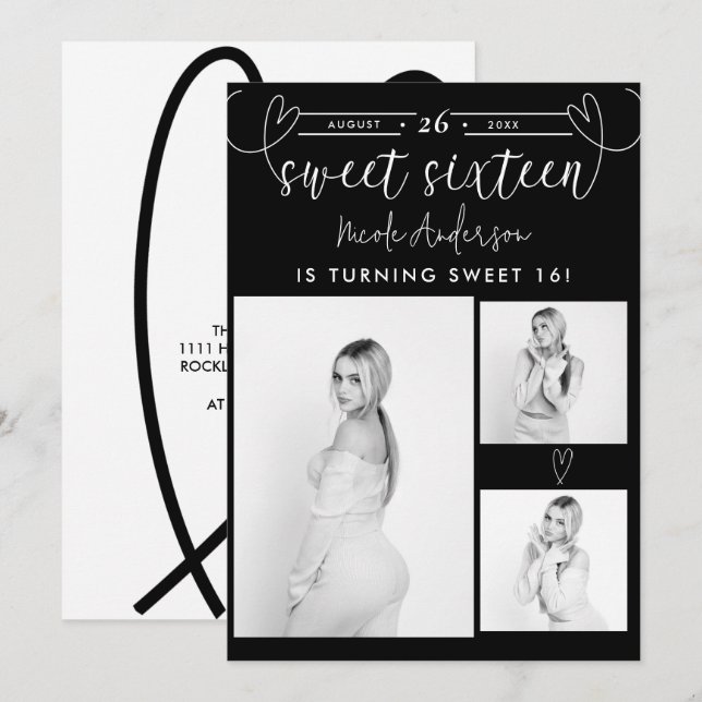Modern Hearts Svart & Vitt Foto Söt 16 Födelsedags (Fram/baksida)
