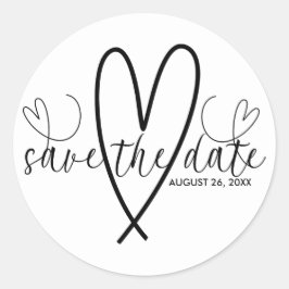 Modern Hearts Svart & Vitt Minimal Rädda Datum Runt Klistermärke