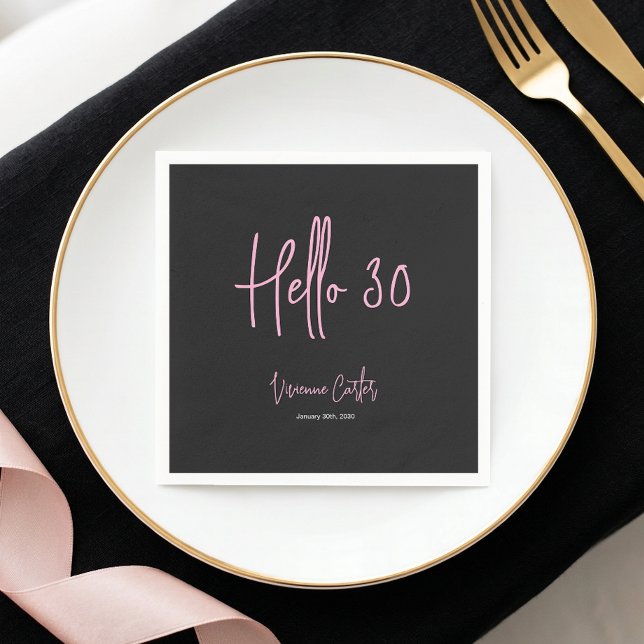 Modern Hej 30 Rosa Svart 30-årsfest Pappersservett (Modern Hello 30 Pink Black 30th Birthday Party Napkins)