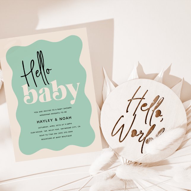 Modern Hej Baby Mintgrön & Krämfärgad Bebisdopp Inbjudningar (Skapare uppladdad)