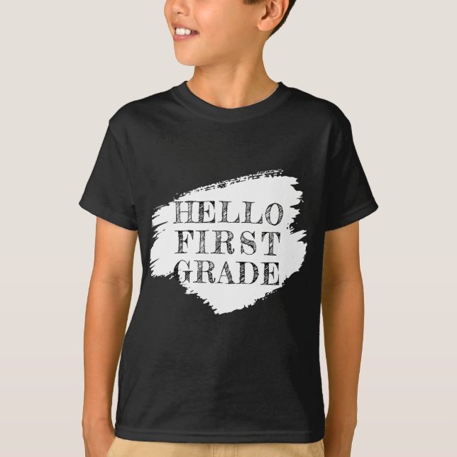 Modern Hej First Klass Kids Black T Shirt (Framsida)