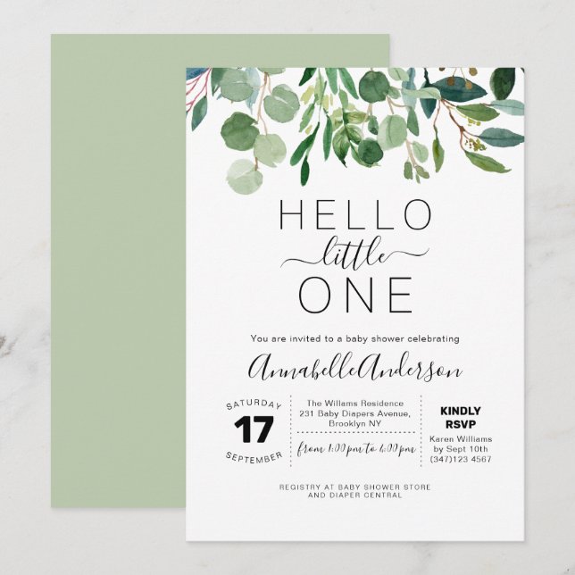 Modern Hej Little One Greenery Baby Shower Inbjudningar (Fram/baksida)