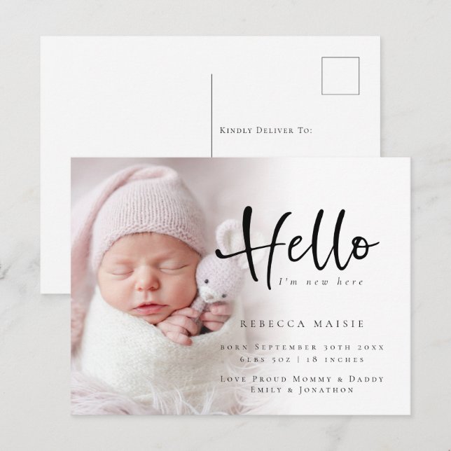 Modern Hej Nyfödd bebis Photo Birth Announcement P Vykort (Fram/baksida)