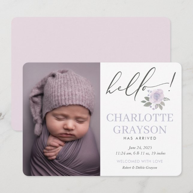 Modern Hej Photo Baby Birth-annons Card Meddelande (Fram/baksida)