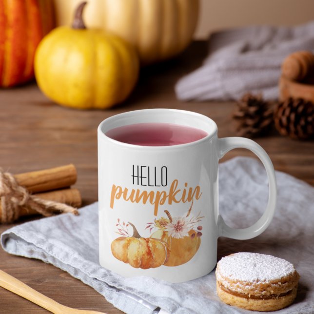 Modern Hej Pumpkin Orange Pumpkin med Flowers Kaffemugg (Skapare uppladdad)
