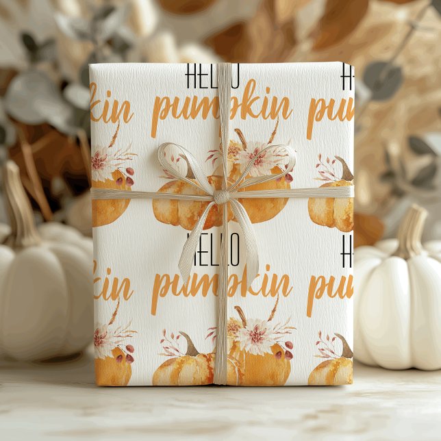 Modern Hej Pumpkin Orange Pumpkin med Flowers Presentpapper (Skapare uppladdad)