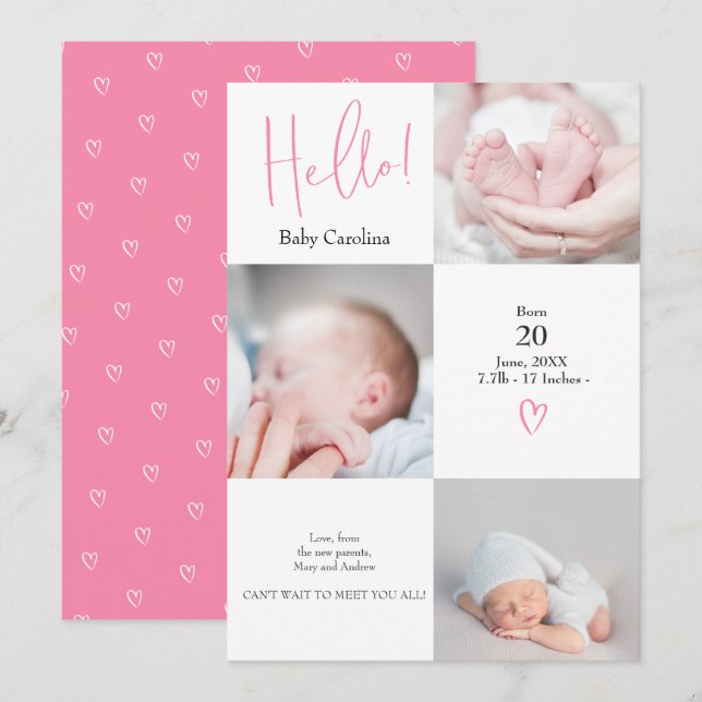 Modern hej rosa vit 3 foton baby födelse meddelande (Fram/baksida)