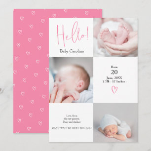 Modern hej rosa vit 3 foton baby födelse meddelande