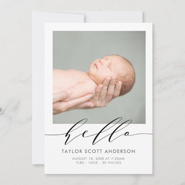 Modern Hej Script Photo Birth-annons Card Inbjudningar (Framsida)