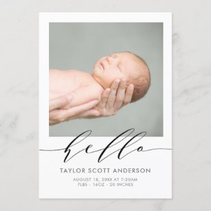 Modern Hej Script Photo Birth-annons Card Inbjudningar