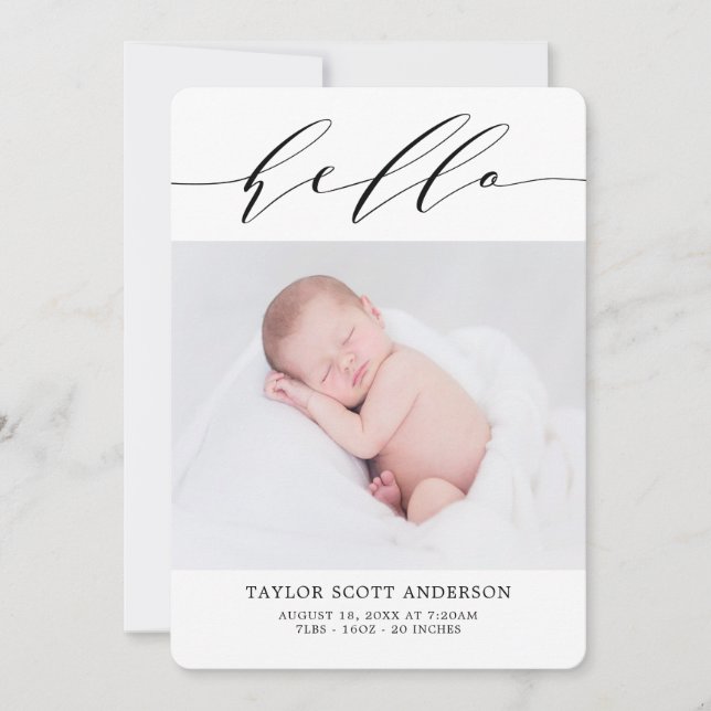 Modern Hej Script Photo Birth-annons Card Inbjudningar (Framsida)