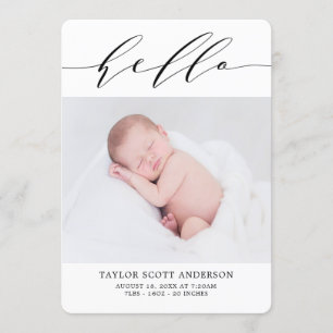 Modern Hej Script Photo Birth-annons Card Inbjudningar