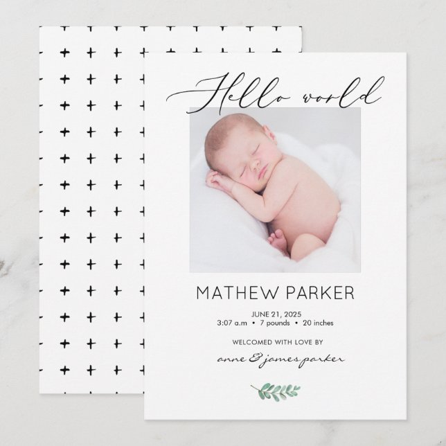 Modern Hej World Baby Birth Notification Card Meddelande (Fram/baksida)