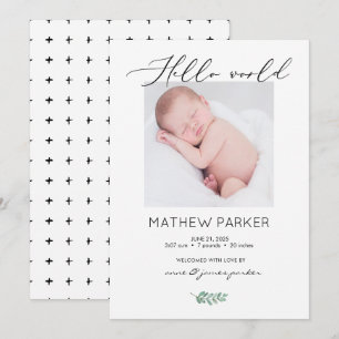 Modern Hej World Baby Birth Notification Card Meddelande