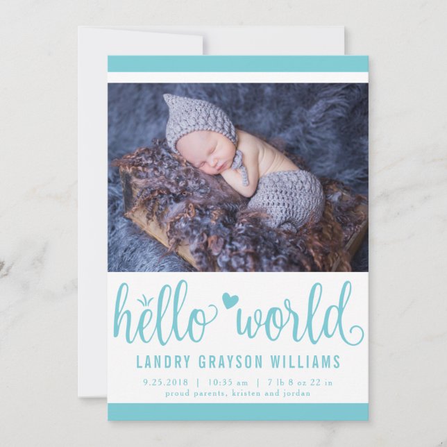 Modern Hej World Photo Aqua Birth Stat Meddelande (Framsida)