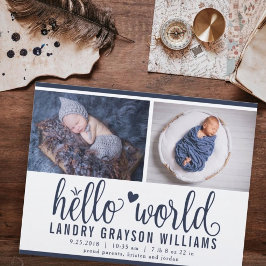 Modern Hej World Photo Collage Birth Stat Meddelande