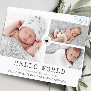 Modern Hej World Photos Grid Collage Birth Meddelande Vykort