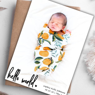 Modern Hej World Script Photo Newborn Birth Meddelande