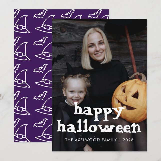 Modern Hekta Hatt & Fladdermöss Halloween Familjef Julkort (Fram/baksida)