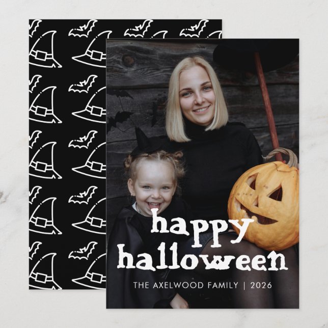 Modern Hekta Hatt & Fladdermöss Halloween Familjef Julkort (Fram/baksida)