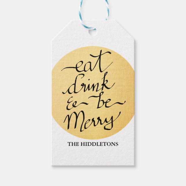 Modern Helgdag för Guld-eat Drink & Be Merry Scrip Presentetikett (Framsidan)