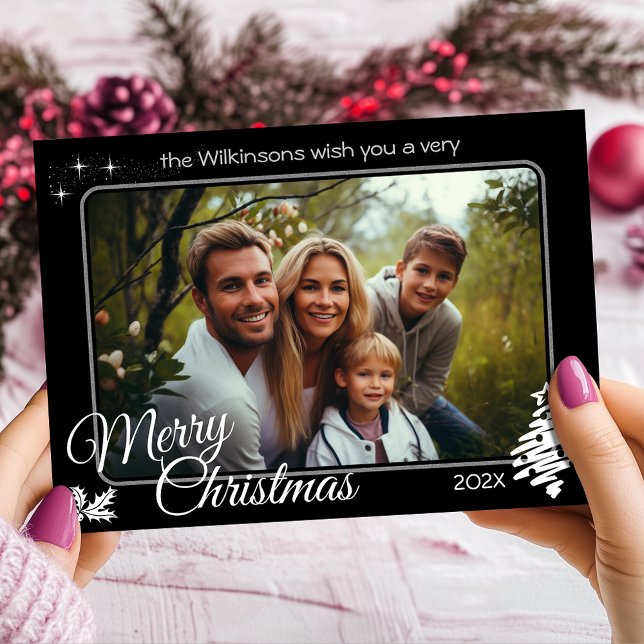 Modern Helgdag för svart julfoto Julkort (Modern Christmas Photo Black Personalized Custom Holiday Card)