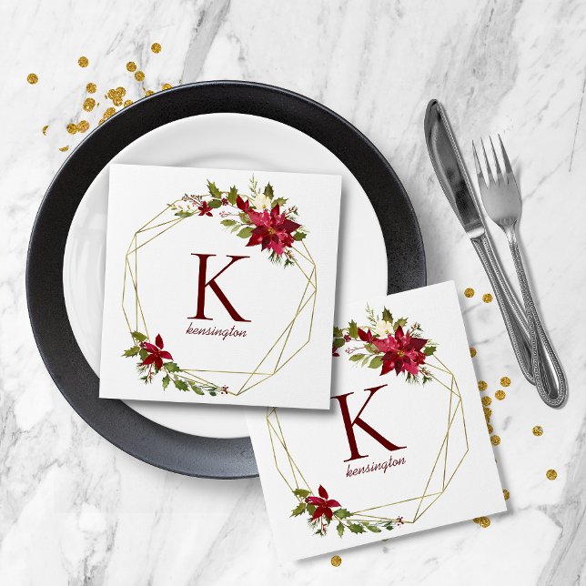 Modern Helgdag Geometric Blommigt Wand Monogram Pappersservett (Modern Holiday Geometric Floral Wreath Monogram Napkins)
