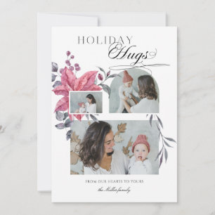 Modern Helgdag Hugs 3-Photo Blommigt Julkort