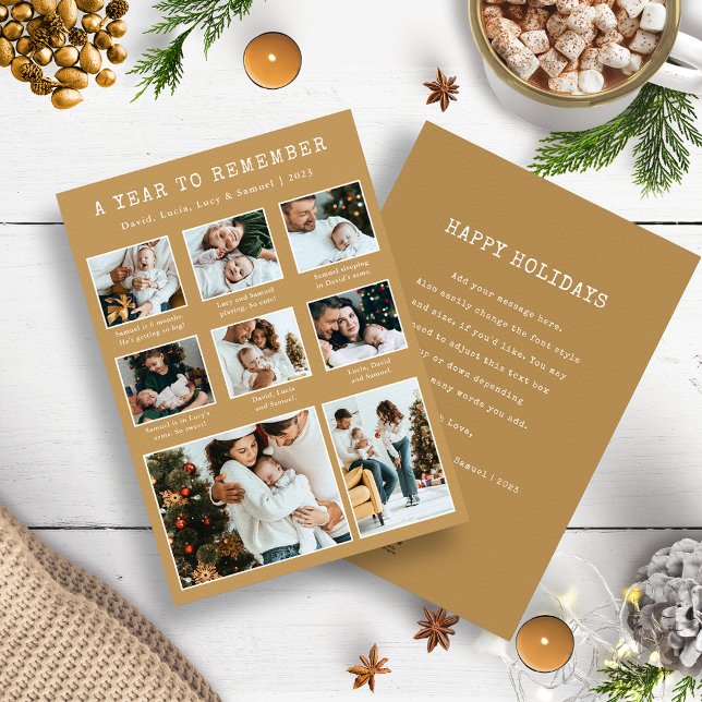 Modern Helgdag-kort för fotosamling i guld Julkort (Gold and White A Year To Remember Photo Collage Christmas Holiday Year In Review Cards)