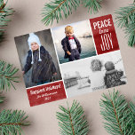 Modern Helgdag Red Peace Kärlek Joy Photo Collage Julkort<br><div class="desc">Det här moderna kortet "Happiest Helgdagars" innehåller 3 foton, ord "Peace Kärlek Joy" och anpassad text som sätts in mot en Helgdag Red Watercolor-bakgrund. Lägg till ditt eget helgdag på baksidan. Modern och enkel men ändå sofistikerad och trendig gör det perfektens helgdag till ett julkort. Kolla in andra fotokort genom...</div>