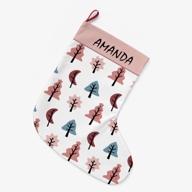 Modern Helgdag Träd Mönster - Cookie Cutter Namn Stor Julstrumpa (Framsidan (Hängande))