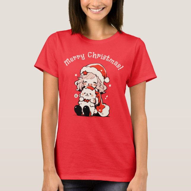 Modern Helgdag Whimsical Girl med Hund jul T Shirt (Framsida)